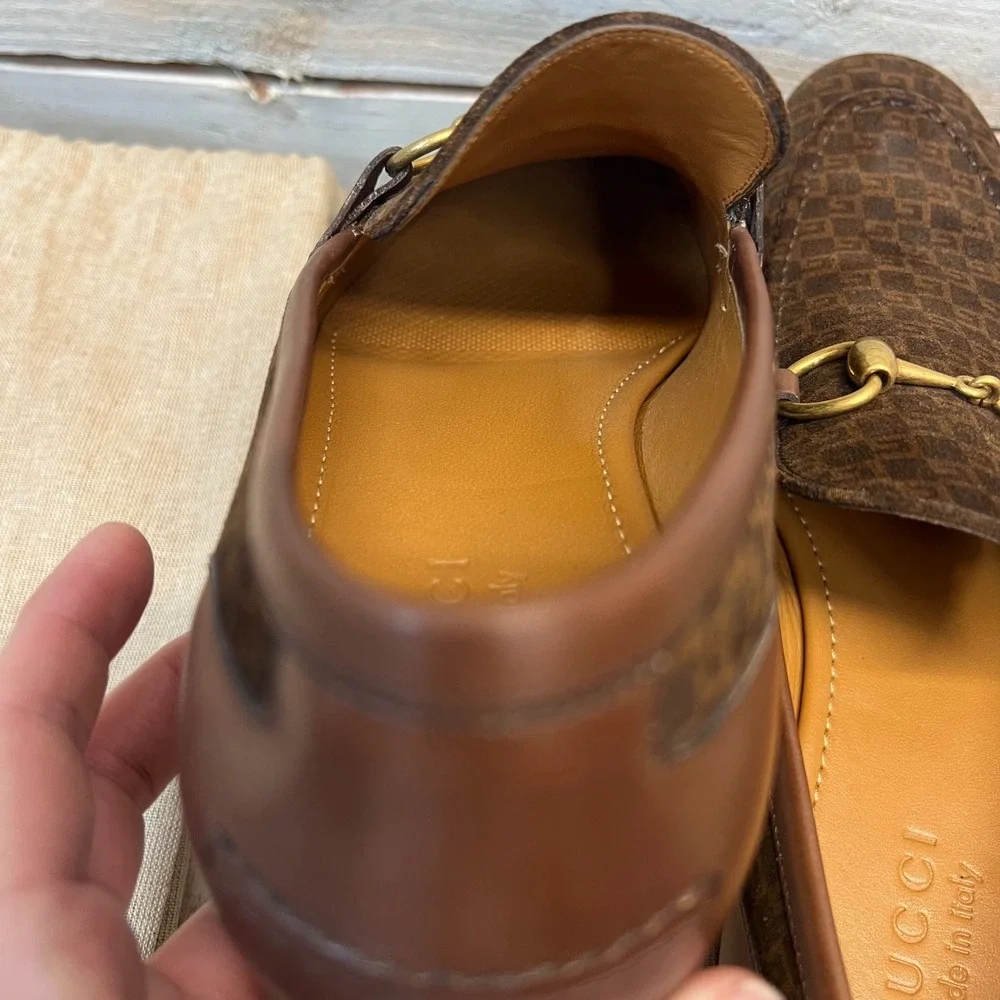 Gucci GG Monogram Suede Horsebit Loafers Brown Size 7.5 US 8.5